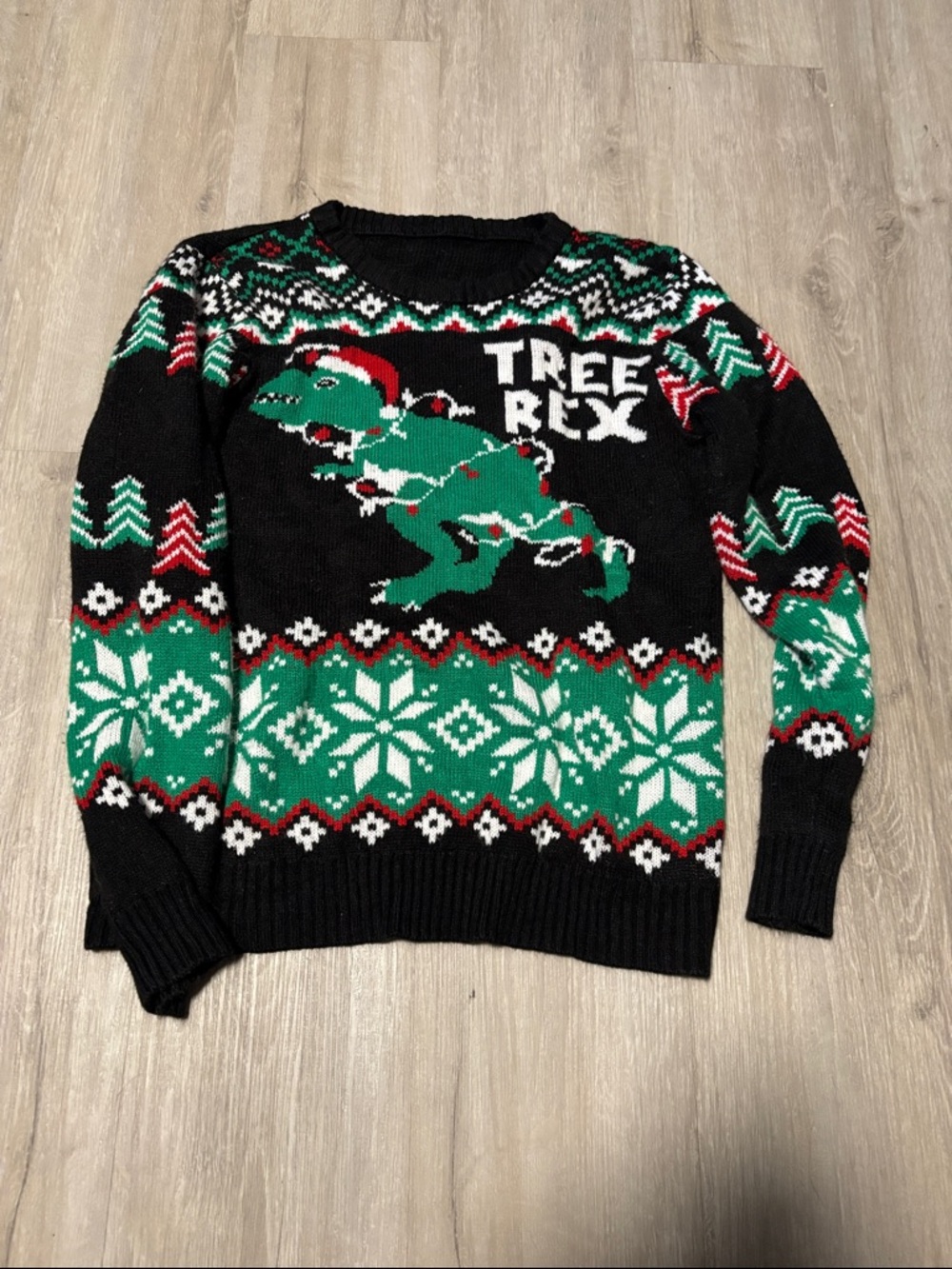 SHEIN Black Green Red 'Tree Rex' Holiday Crewneck Sweater